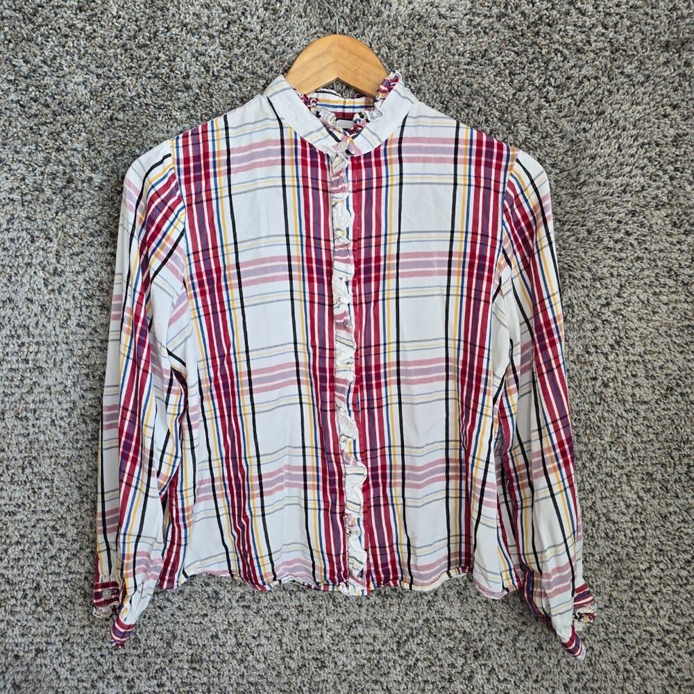 Chaps Top Womens Large Red Plaid Button Up Blouse Ruffle‎ Casual Ladies Viscose